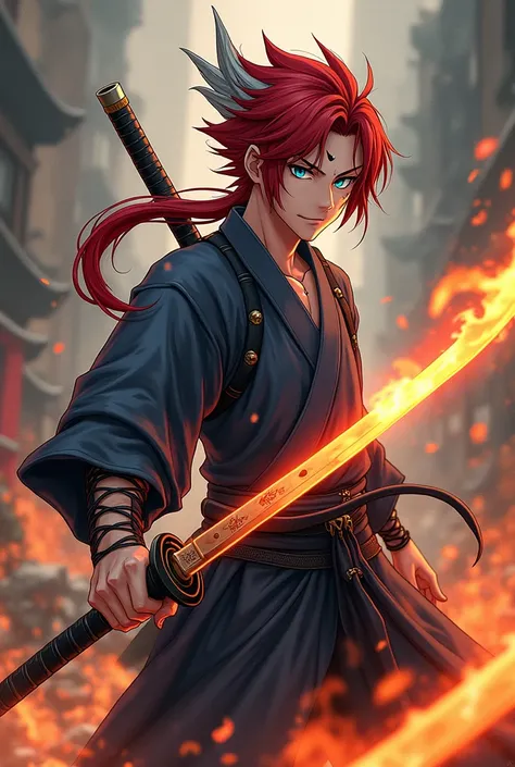 Anime samurai with blue eyes and one of his eyes has a cut scar, His red but with five points and two gray hairs on his side, his but like a tail and two fire katanas