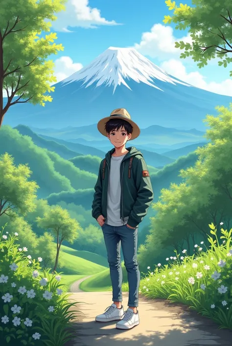 a handsome teenager wearing a hat, white sneakers, standing looking forward with a sweet smile in a modern style, on the left you can see green trees, cherry blossoms, on the right are trees and a small wooden road, behind you can see Mount Fuji, hills etc...