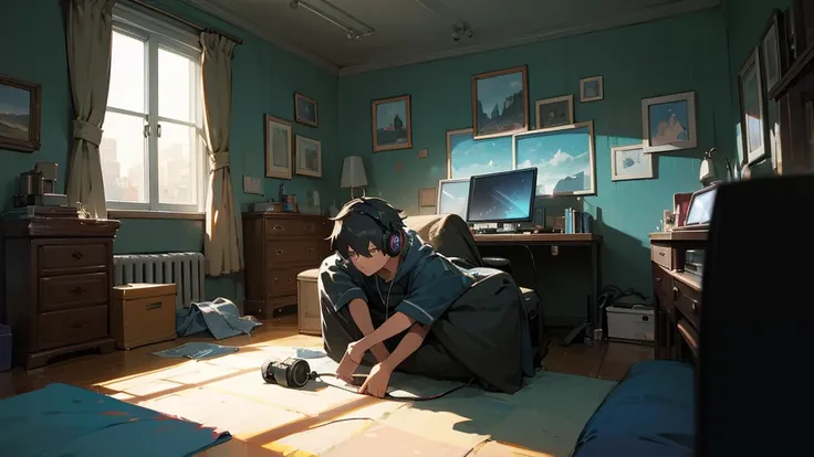 midnight, dark room, boy with headphones on bed, big window in front, landscape concept art, studio art, background painting animation, night, midnight, dark room, night, boy, headphones