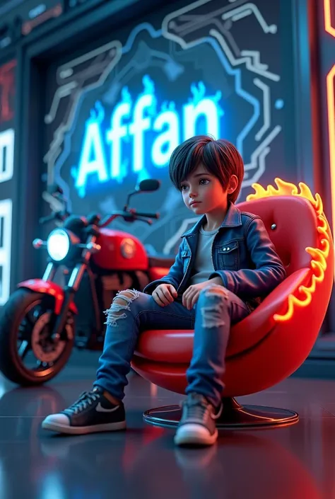 Create a 3d realistic img of A boy with short hair wearing a blue leather jacket and ripped jeans sitting in a red fire chair with his name “AFFAN” written in blue fire on the wall behind him, with a ghost motorcycle parked next to him.full of firewall Roo...