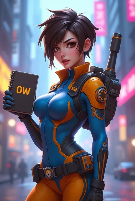 A female tracer holding a notebook with the word OW written on it　
