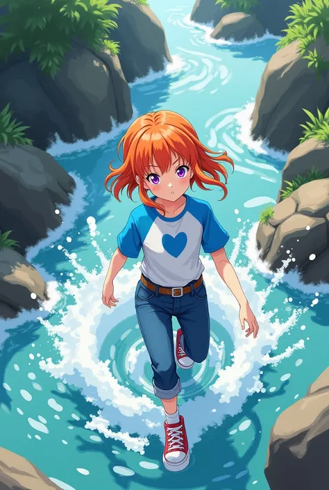 Anime, tomboy girl, rika nonaka, orange hair, sidelocks, purple eyes, white t-shirt with sky blue sleeves and blue heart on the chest, brown belt, 7/8 jeans, white socks, red velcro hi top sneakers, wading through wild river