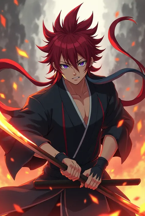 Anime samurai with blue eyes and one of his eyes has a cut scar, His red but with five points and two gray hairs on his side, his but like a tail and two fire katanas