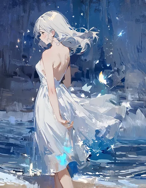 Masterpiece, one woman, white dress, back view, Oil painting style, nighttime, Crescent Moon, By the sea, Lots of stars, A glowing butterfly is flying.