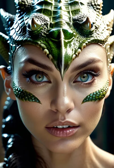 a woman evolved from a crocodile, ((horns)), sexy, scales, beautiful detailed reptilian eyes, extremely detailed eyes and face, crocodile-like skin texture, detailed reptilian features, intricate scaly patterns, dramatic lighting, cinematic composition, ph...