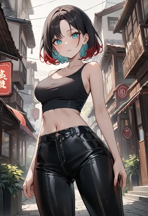 (masterpiece, top quality, very aesthetic, 4k、illustration), ()、intricate detail, 1woman,solo, 、(gradient eyes、tareme)、(short hair)、parted bangs,Fair skin,(cowboy shot)、beautiful women、()、(),(),(crop top、leather pants),expressionless、(gradient hair)、(Black...