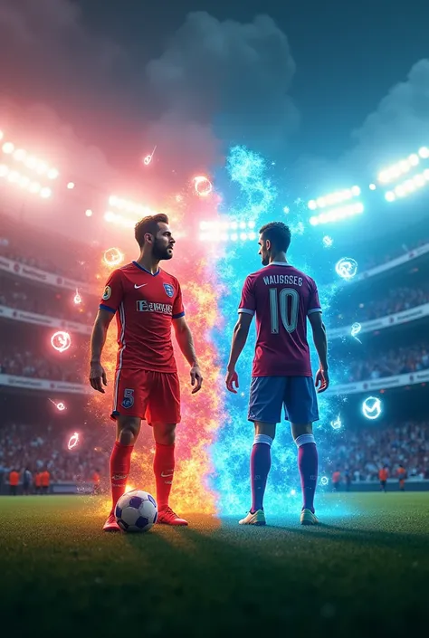 "A photorealistic image of two dynamic, contrasting figures: one representing a footballer in a stadium, and the other a digital content creator in a tech-inspired setting with social media symbols like YouTube in the background. The scene is vibrant, comp...