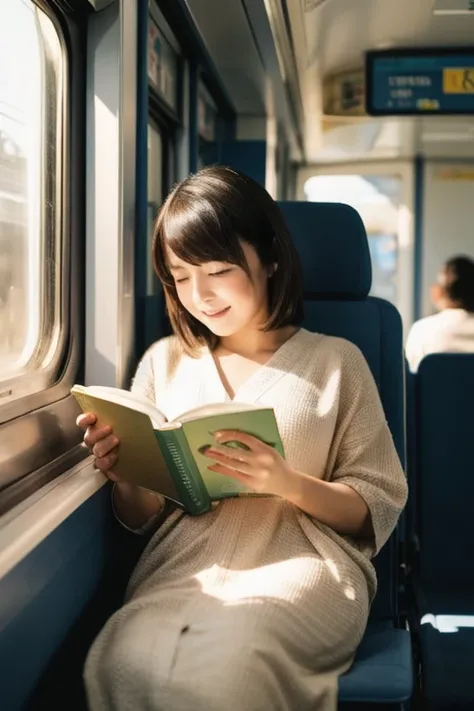 Realistic, photoRealistic, detailed, beautiful, RAW Photos, Film Grain, (Natural light :1.2), View your viewers, Cute Japanese Woman, 25years old, He is sitting on a train seat and reading a book happily., Bust size slightly larger than mid-size, Dramatic ...