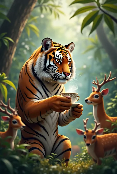 A tiger holds a cup of tea in the morning time with deer in a jungle 