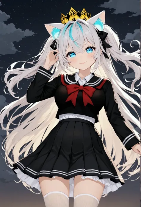 girl, The hair is long, white and smooth., blue eyes, Sharp features, white skin, pink lips, Wavy Hairstyle, coat,Wearing a yellow crown, White cat ears, Wearing a black school uniform., big breasts, Black bow on the head, Wear white tights, Beautiful glow...