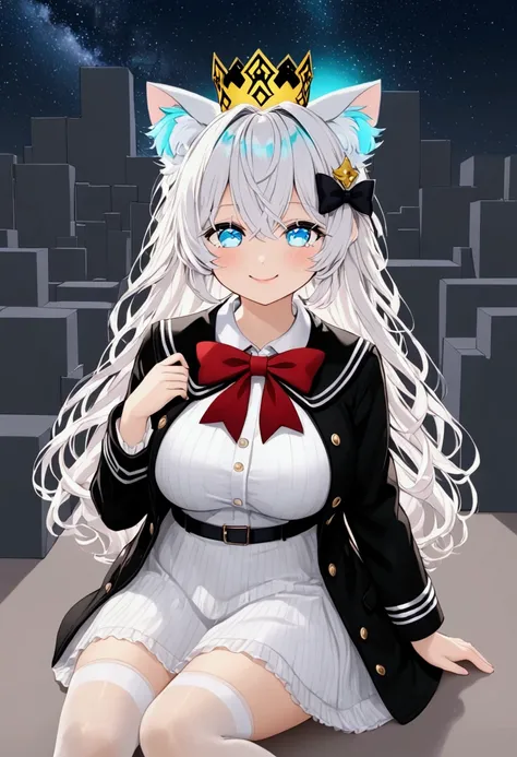 girl, The hair is long, white and smooth., blue eyes, Sharp features, white skin, pink lips, Wavy Hairstyle, coat,Wearing a yellow crown, White cat ears, Wearing a black school uniform., big breasts, Black bow on the head, Wear white tights, Beautiful glow...