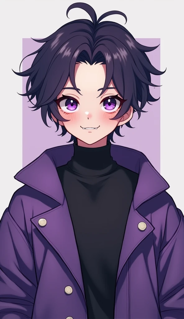 shoto the cute male vtuber. dark violet hair, chubby cheeks sharp chin, purple eyes. has two small fangs. wears black turtleneck with chic baggy purple jacket