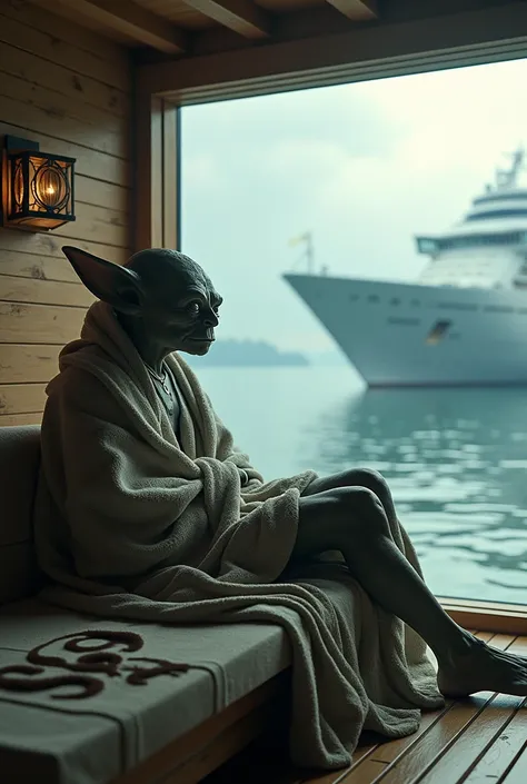 Mystic Ships goblin in Sauna with towel and dsf written on it, sea view and cruise ship, steam