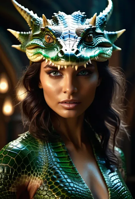 a woman evolved from a crocodile, ((horns)), sexy, scales, beautiful detailed reptilian eyes, extremely detailed eyes and face, crocodile-like skin texture, detailed reptilian features, intricate scaly patterns, dramatic lighting, cinematic composition, ph...