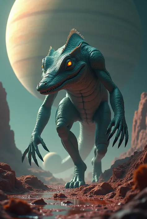 alligator-shaped alien with a triangular head and a sticky body on a Saturnian bottom