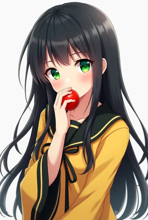 One girl, Long Hair, Black Hair, Green Eyes,Moe sleeves,The hand is at the mouth,anime,Yellow and black clothes,holding a tomato in hand