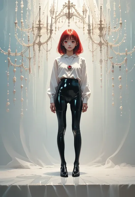 2d, masterpiece, best quality, anime, highly detailed face, highly detailed eyes, highly detailed background, perfect lighting, 1girl, solo, full body, standing, latex legwear, white shirt, red hair, amulet 