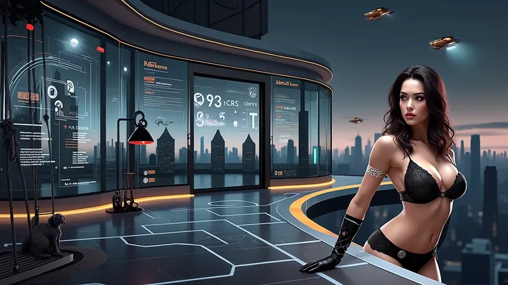 in a futuristic lit balcony, ancient lamp, indoor swing, puppy, huge glass windows. Through the windows, aerial view of Blade Runner inspired 1920s cityscapes at night,  colorful all-glass outlined towering skyscrapers, helicopter. High-resolution OLED GUI...