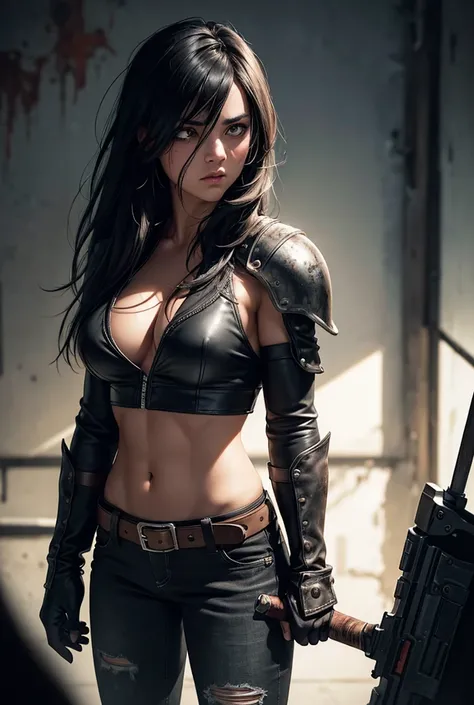 A 1 girl, long messy black hair, blood facial markings, bloody dirty steel and leather raider armor, no abdomen, muscular 6 pack, strong muscles, black leather gloves with knuckle dusters, brown bloody ripped leather jeans with holster and colt 1911, holdi...