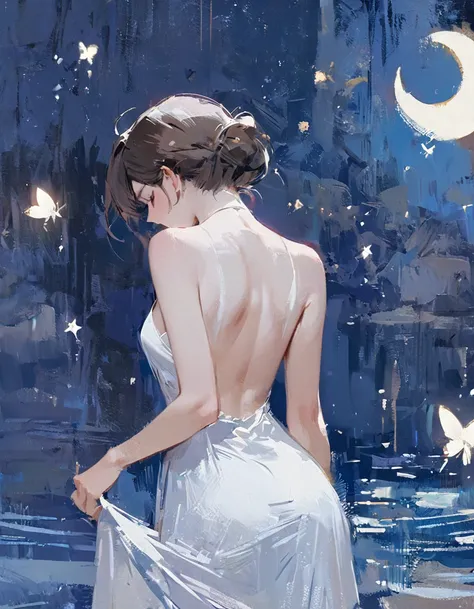 Masterpiece, one woman, white dress, back view, Oil painting style, nighttime, Crescent Moon, By the sea, Lots of stars, A glowing butterfly is flying.