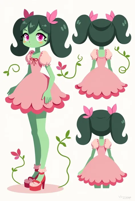 VivziePop, Hazbin Hotel, Helluva boss,(CHARACTERSHEET:1) (MULTIPLE VIEWS FULL BODY UPPER BODY REFERENCE SHEET:1), flat, cartoon, 1 Woman, flower humanioid, green skin, dark green pigtails, magenta sclera, colored sclera, baby pink pupils, thick black eyela...