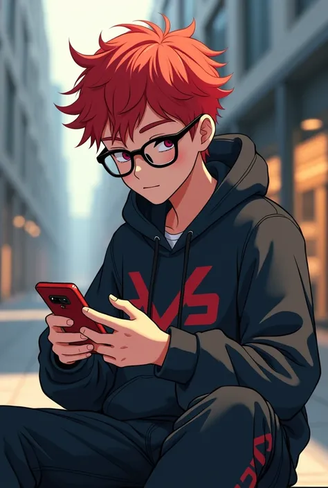 Make a anime boy who have red messy emo hair, have a glass, where a Vietnam lôg Hoodie and using mobile phone. Make it 2024 style.