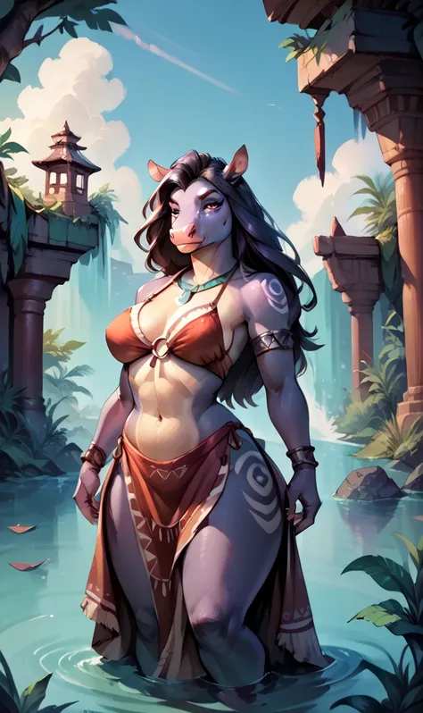 anthropomorphic, (hippopotamus), feminine, beautiful, attractive, tribal clothing, big breasts, shapely body, fur, large, sensual, attentive eyes, (serious expression), appropriate scenery, (great lighting), (masterpiece), (best quality), (random view)