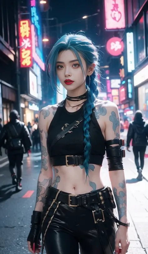 jinx from arcane, walking down the street in the evening, cyberpunk woman anime woman, pants, beautiful angry cyberpunk goddess,...