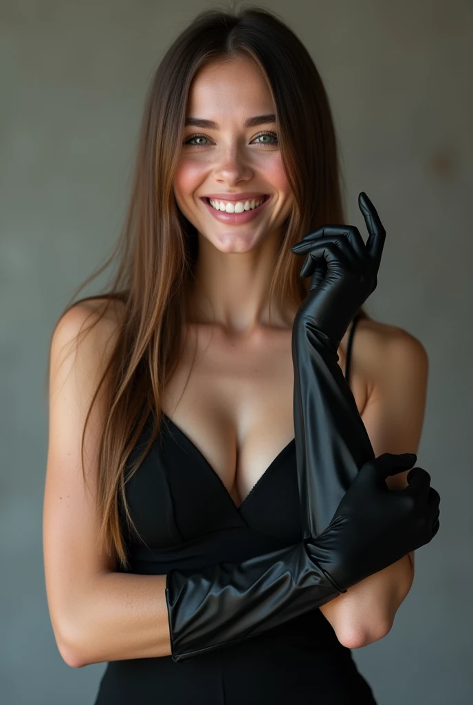 white college girl with long straight brown hair wearing a black dress and black latex gloves while smiling