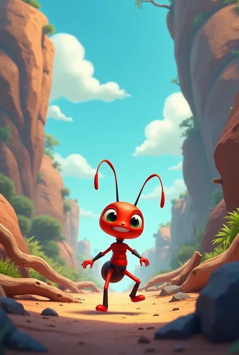 Make a animated cartoon poster about a n ant character that shows how brave it is despite facing hard challenges.