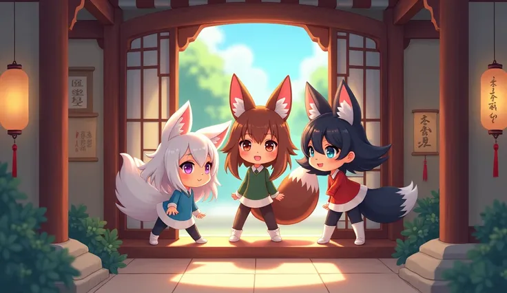 Three little fox girls in a asian looking house, the first with long white hair and purple eyes, the second with long black hair and brown eyes, and the third with brown hair and lagoon eyes. The three are , they are looking in a whole in a wall 