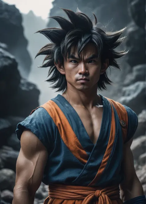 cinematic composition darkness a realistic photoshoot of an asian male model goku male model cosplaying as from goku dwarf portr...