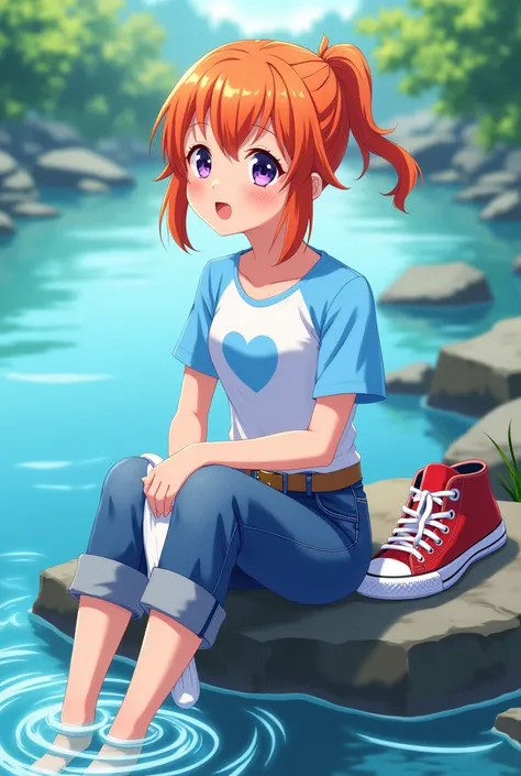 Anime, tomboy girl, rika nonaka, orange hair, sidelocks and ponytail, purple eyes, white t-shirt with sky blue sleeves and blue heart on the chest, brown belt, 7/8 jeans, white socks in her hand, rote hi-top-sneakers mit Klettverschluss stehen auf einem fe...