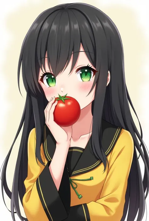 One girl, Long Hair, Black Hair, Green Eyes,Moe sleeves,The hand is at the mouth,anime,Yellow and black clothes,holding a tomato in hand