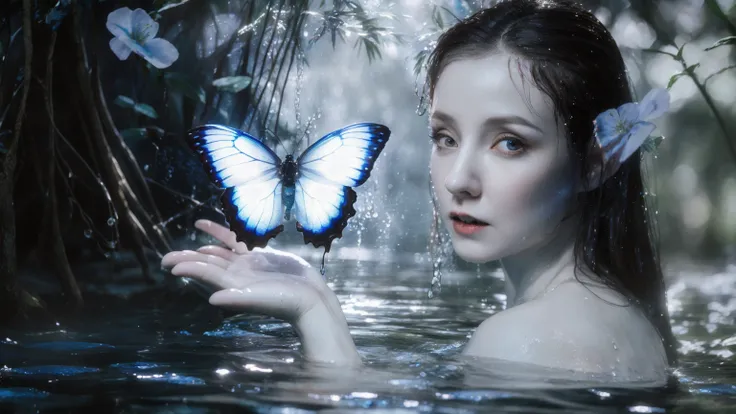 elf girl with wet hair, in water, hand releases blue butterfly. fairytale surroundings, water, beautiful fairytale forest, beaut...