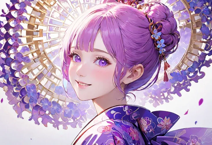 (((White background)))、2、Unity 8k wallpaper、Super detailed、Beautiful and aesthetic、masterpiece、Highest quality、(fractal art:1.3)、One Woman、, violet eyes, Beautiful violet  hair、Japanese、Big pink、Violet kimono、Japanese..., violet hair, violet eyes, hair bun...