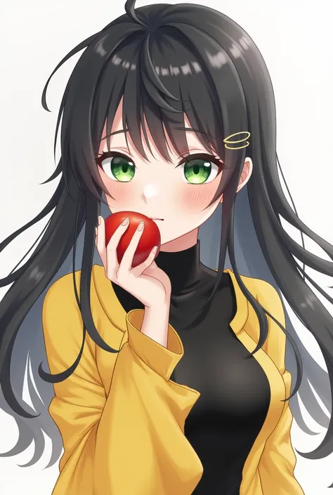 One girl, Long Hair, Black Hair, Green Eyes,Moe sleeves,The hand is at the mouth,anime,Yellow and black clothes,holding a tomato in hand