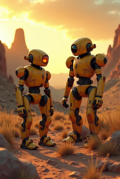 Yellow Robots Rusty , With an abstract shape  , in Colorado Desert Mountains, with Sunset Light, Hyper-Realistic, 8K, ISO800 