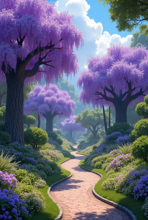 give me a picture of a garden with jacarandas and ornamental plants, 3D drawing style