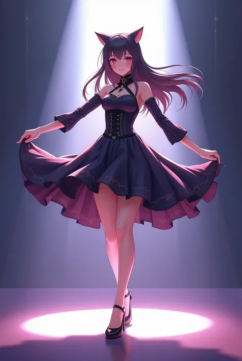 Animated Girl Standing on Stage Wearing a Skirt and Shoes, Idol singer , Fluttering skirt，long hair，Catwoman，Clear Animated Silhouette, animation style超详细, Neat costume design, Animation Art Style, Pixiv style, 扁平animation style阴影, animation style, The Art...