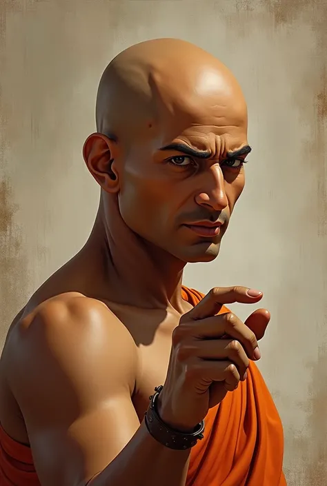 Image of Chanakya without hair , with confidence on face and sharp mind with pointing toward screen 

