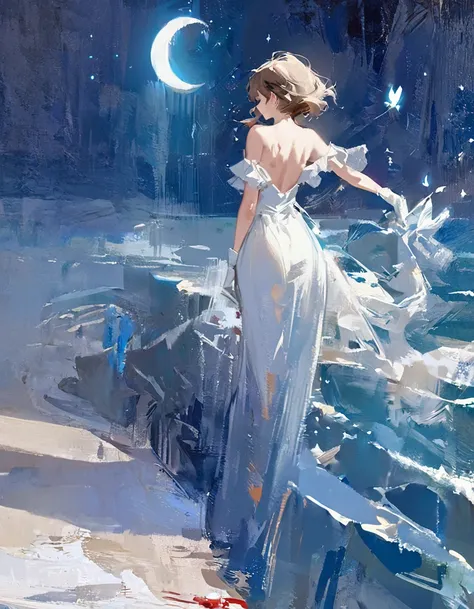 Masterpiece, one woman, white dress, back view, Oil painting style, nighttime, Crescent Moon, By the sea, Lots of stars, A glowing butterfly is flying.,Bloodstained,Use mouth to remove the gloves,Blood