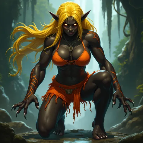 wormam  from Street Fighter. The character should have long, wild yellow hair that flows down her back, maintaining the original color and untamed style, with fierce, glowing orange eyes. Her skin should be the same bright black, with a muscular, showcasin...