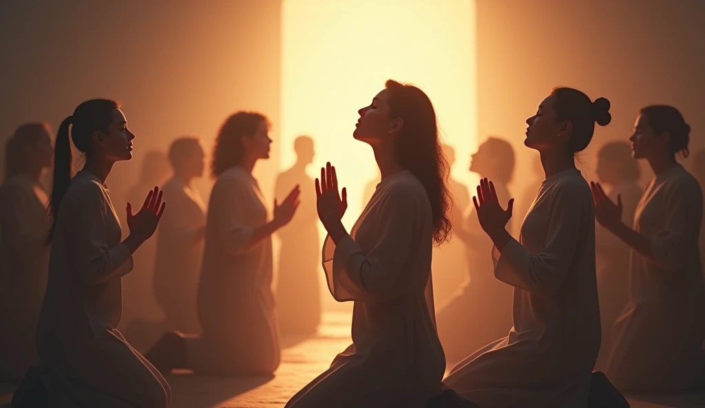 A soft, warm light bathes a group of people, all on their knees in prayer, with expressions of peace and serenity.