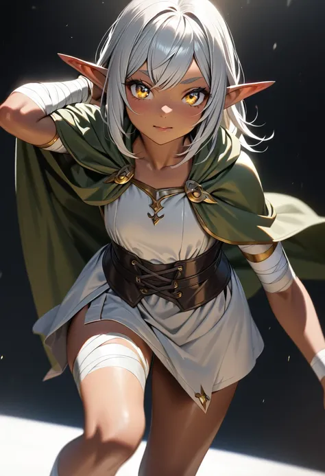 a dark-skinned elf girl with pointed ears, cute girl, green cloak, simple minimalist outfit with bandages, silver hair, large golden eyes, beautiful detailed eyes, extremely detailed eyes and face, dramatic lighting, high resolution, 
photorealistic, hyper...