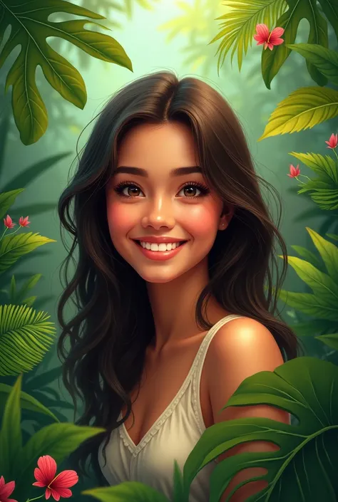  an adult more light brown-skinned girl with brown eyes smilling set against a backdrop of lush, tropical green vegetation. This setting evokes a vibrant and natural atmosphere. Colourful 