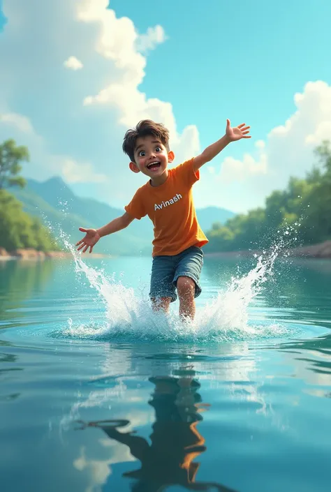 A boy hit the big river in laughing.  His name "aVINASH" is written on his t- shirt. An realistic view. His shadow shown in the river. 