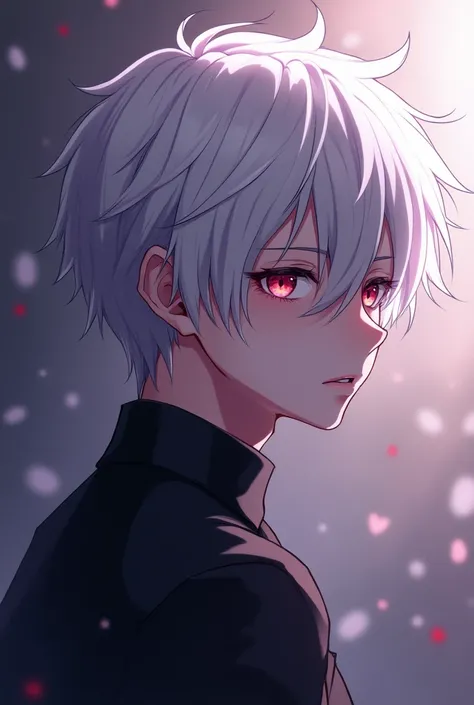 beautiful anime Boy. White hair. clothes purple black. masculine but a bottom. shy, troubled.soft.