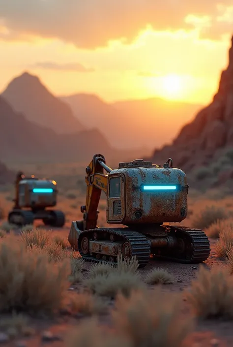 Yellow Robots Rusty , Excavator-shaped and small in size with blue neon lights  , in Colorado Desert Mountains, with Sunset Light, Hyper-Realistic, 8K, ISO800 