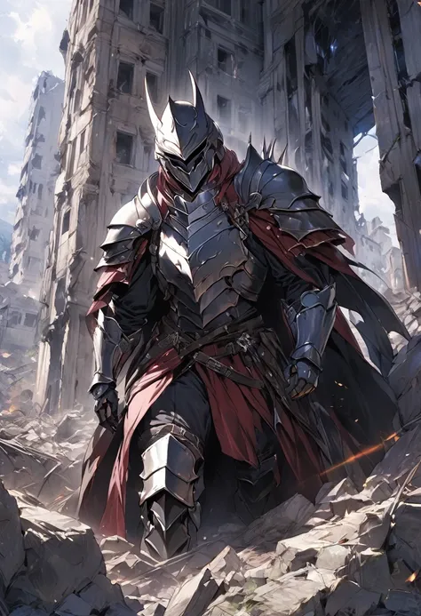 ((Highest quality)), ((masterpiece)), (detailed), (One man), Powerful, height１８０Senche Warrior, Full Plate Armor, A sharp gaze peeking out from a full-face helmet, Photographed from diagonally in front, standing in ruins, (((up)))